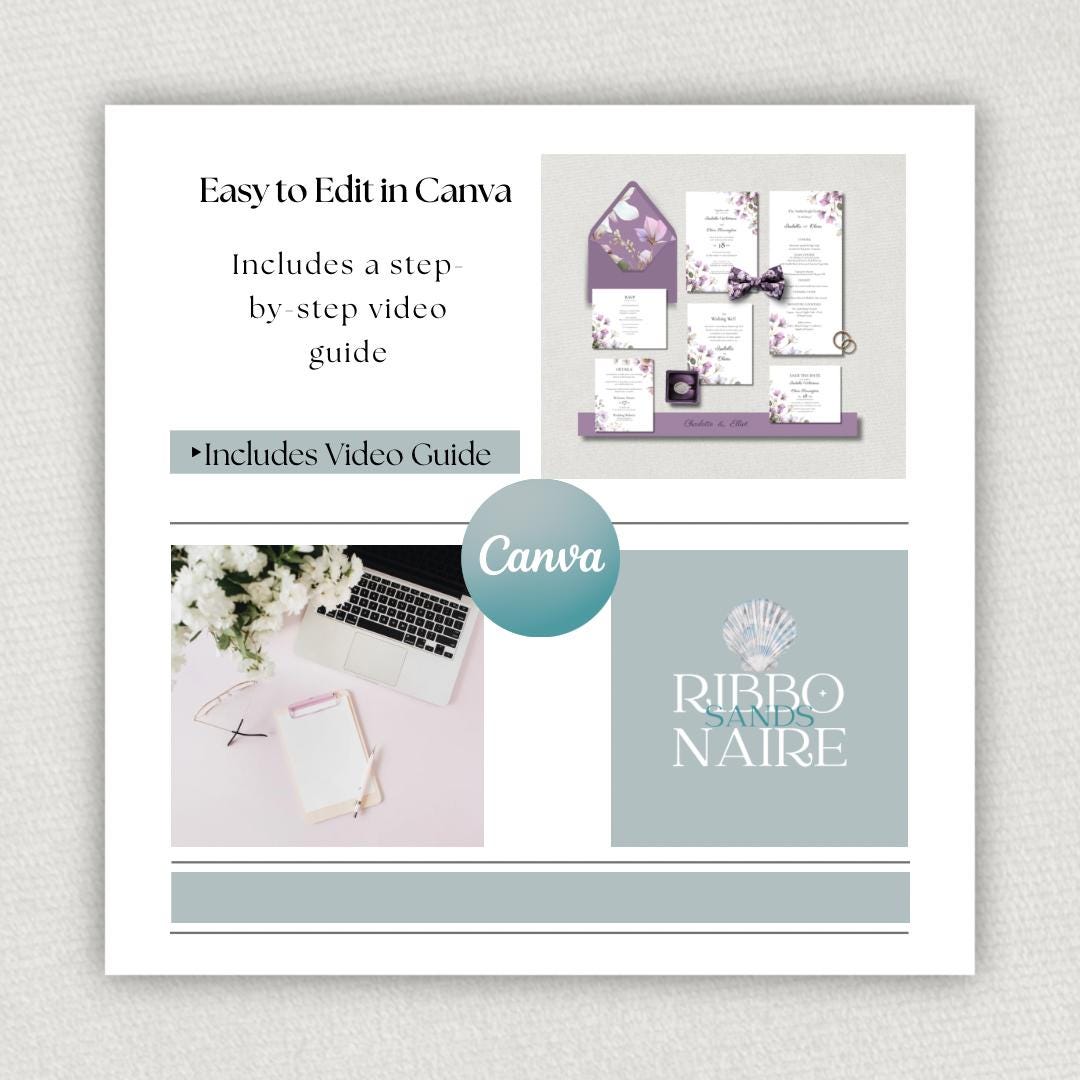 Purple Botanical Wedding Invitation. Blush and Sage Green Floral Stationary Suite. Editable Canva Template.