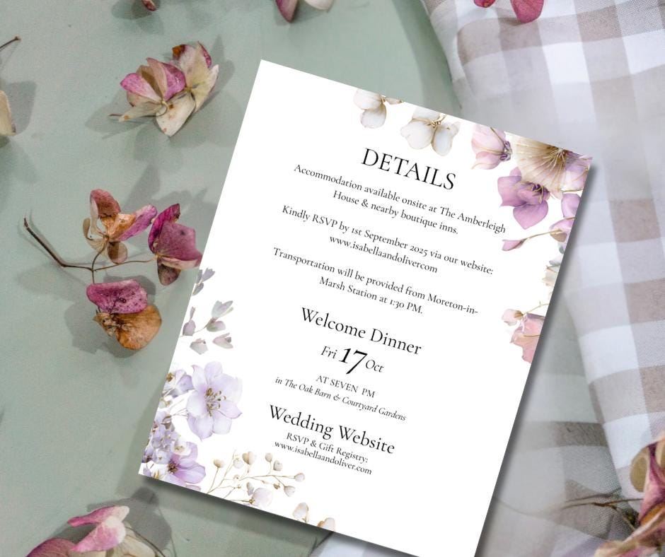 Floral Wedding Invitation Set, Purple and Sage Botanical 3 Piece Invite, Editable Canva Template.