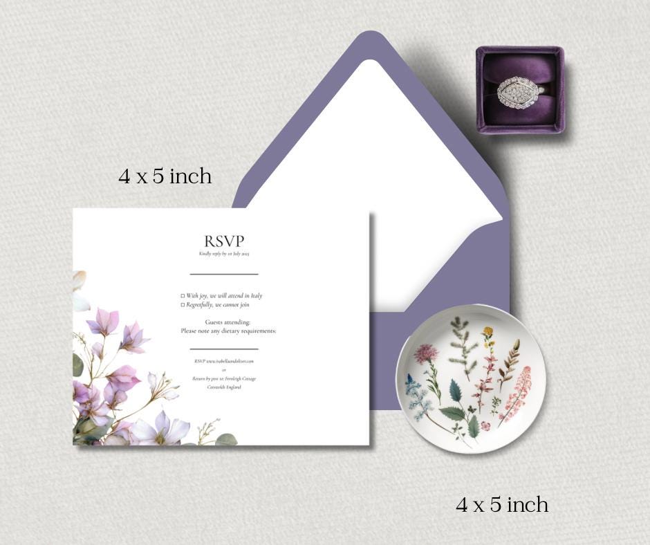 Floral Wedding Invitation Set, Purple and Sage Botanical 3 Piece Invite, Editable Canva Template.
