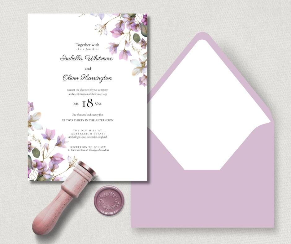 Floral Wedding Invitation Set, Purple and Sage Botanical 3 Piece Invite, Editable Canva Template.