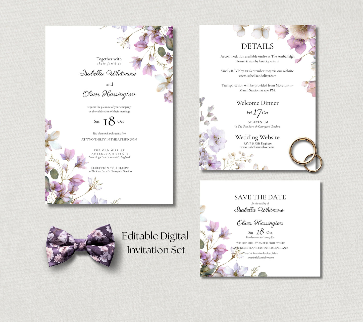 Floral Wedding Invitation Set, Purple and Sage Botanical 3 Piece Invite, Editable Canva Template.