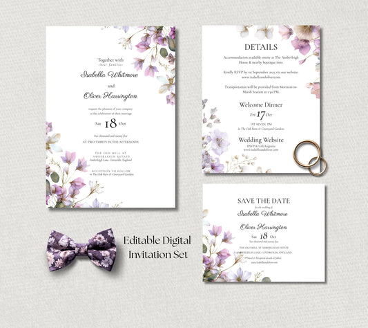 Floral Wedding Invitation Set, Purple and Sage Botanical 3 Piece Invite, Editable Canva Template.