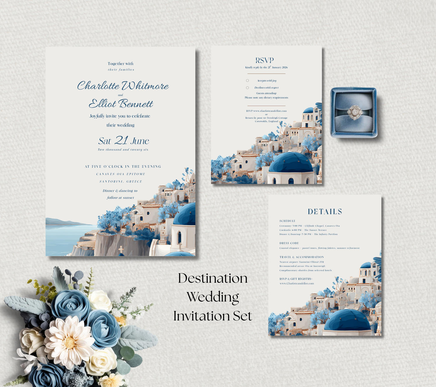 Santorini Wedding Invitation, Editable Canva Template for Greek Destination Wedding, Instant Download