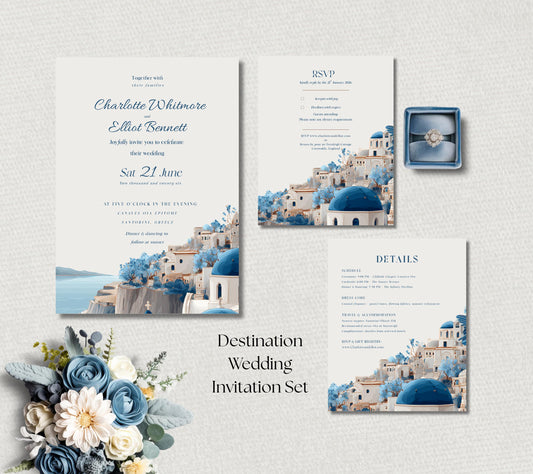 Santorini Wedding Invitation, Editable Canva Template for Greek Destination Wedding, Instant Download