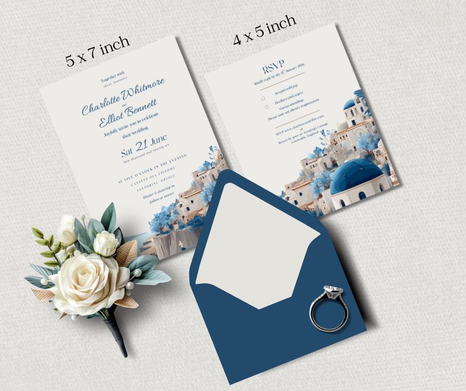 Santorini Wedding Invitation, Editable Canva Template for Greek Destination Wedding, Instant Download