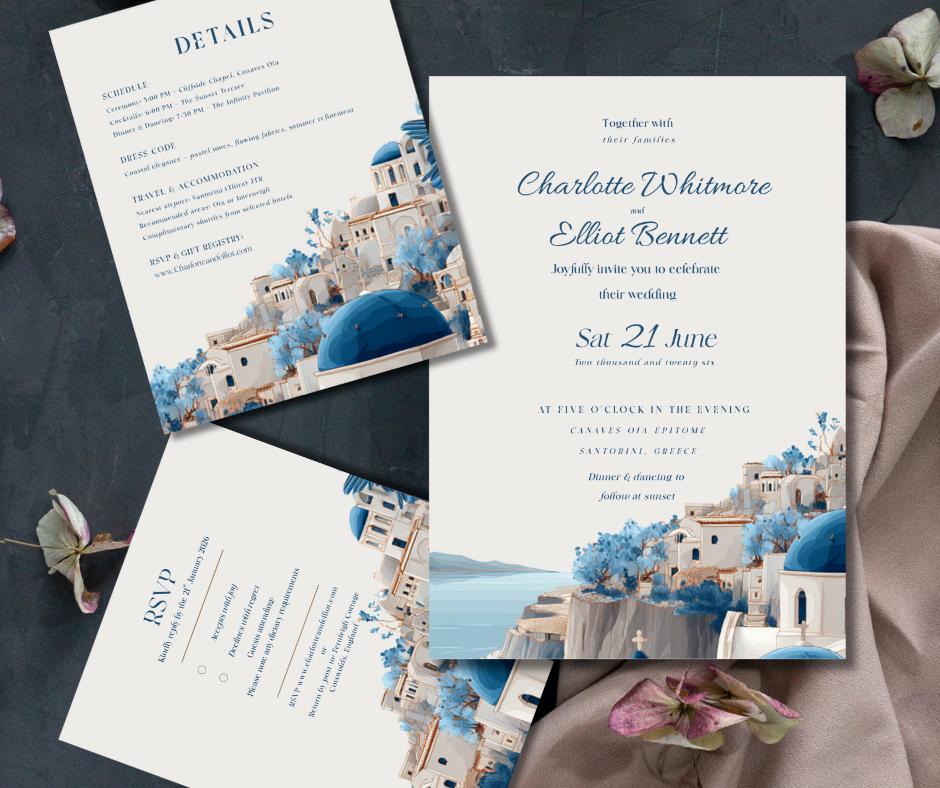 Santorini Wedding Invitation, Editable Canva Template for Greek Destination Wedding, Instant Download
