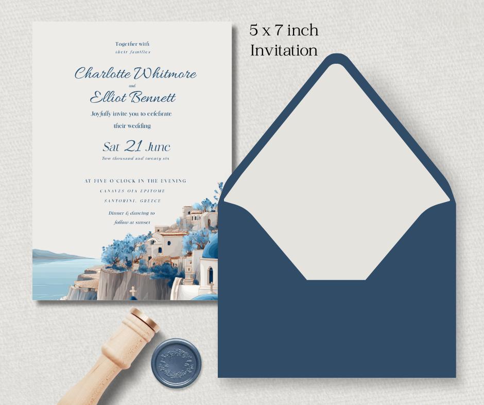 Santorini Wedding Invitation, Editable Canva Template for Greek Destination Wedding, Instant Download