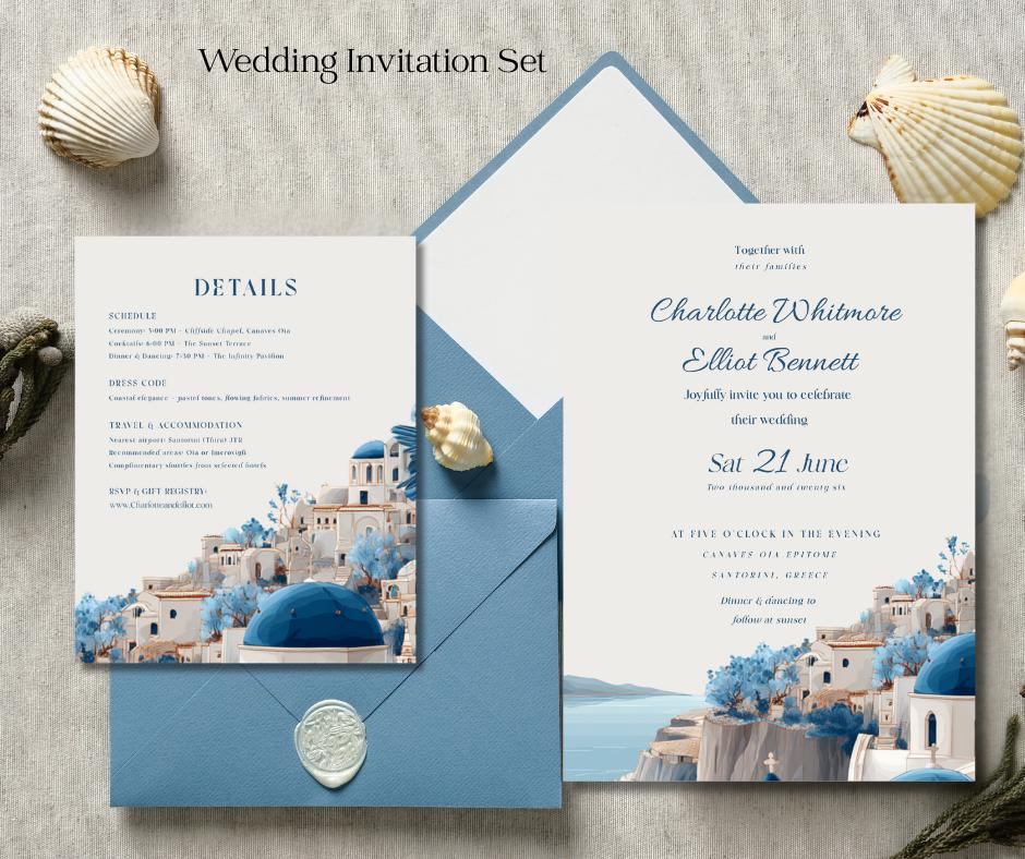 Santorini Wedding Invitation, Editable Canva Template for Greek Destination Wedding, Instant Download