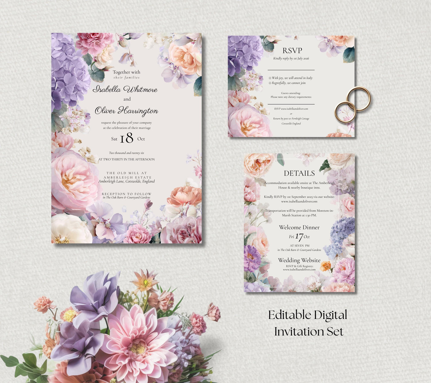 Summer Pastel Wedding Invitation With Printable Template, Romantic And Elegant Wedding Stationery.