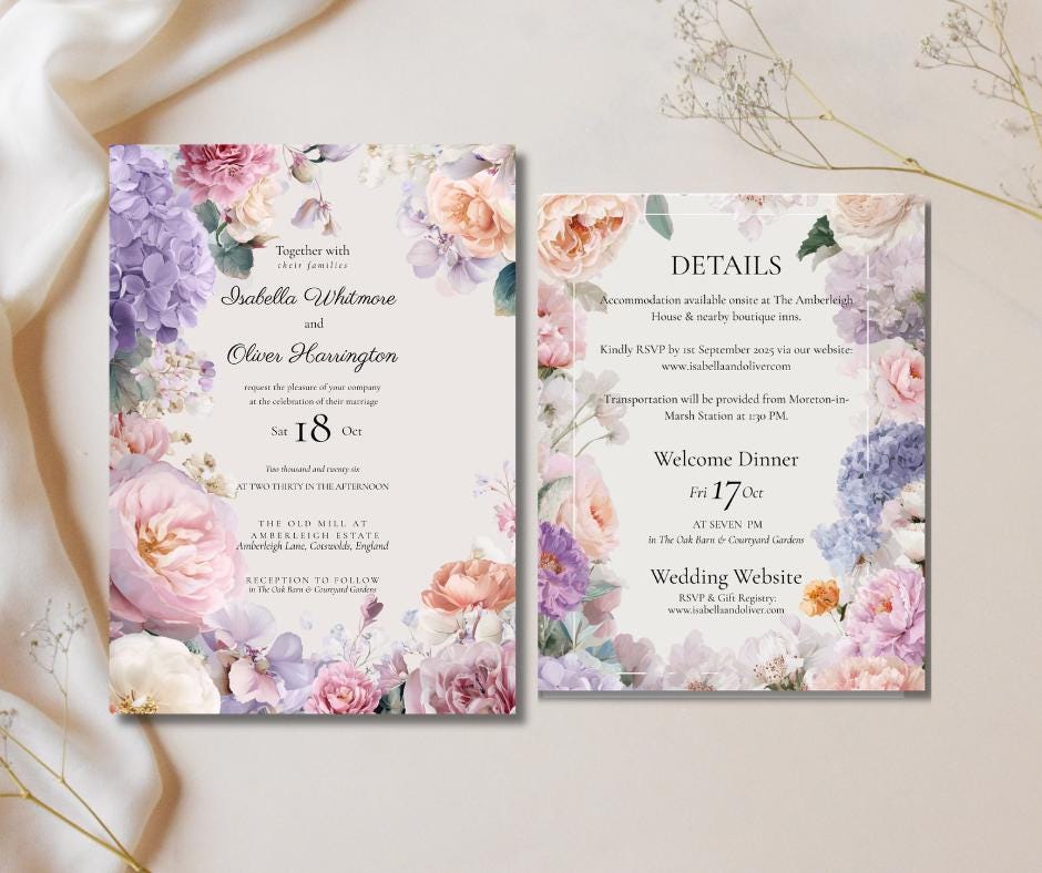 Summer Pastel Wedding Invitation With Printable Template, Romantic And Elegant Wedding Stationery.