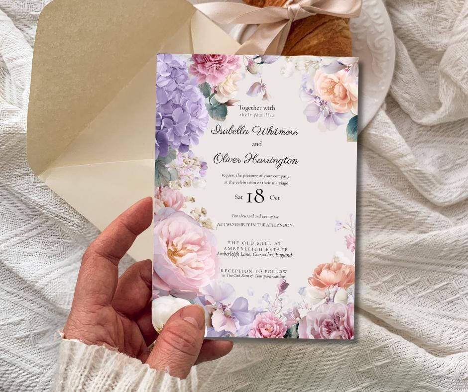 Summer Pastel Wedding Invitation With Printable Template, Romantic And Elegant Wedding Stationery.