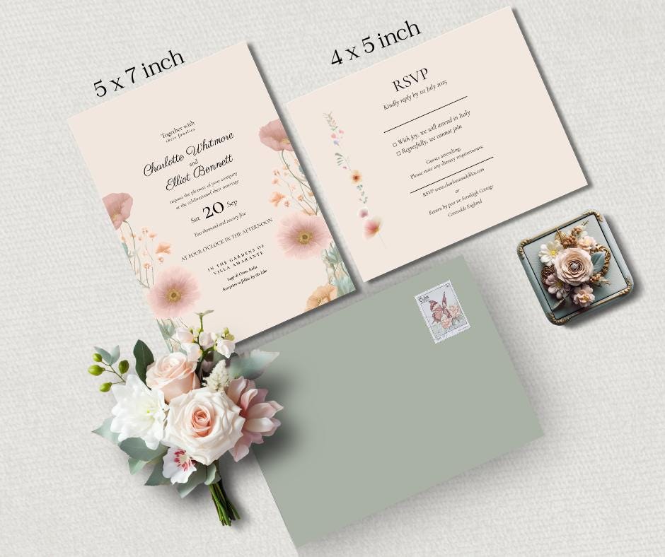Peach And Green Wedding Invitation Set. Botanical Wedding Invite Suite, Instant Download Templates.