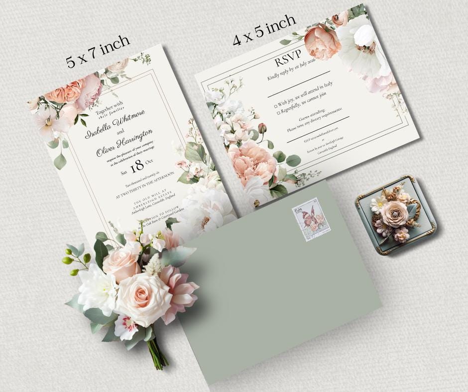 Peaches And Cream Wedding Invitation. Watercolour Floral Design, Instant Download Editable Template.