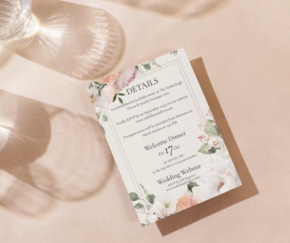 Peaches And Cream Wedding Invitation. Watercolour Floral Design, Instant Download Editable Template.