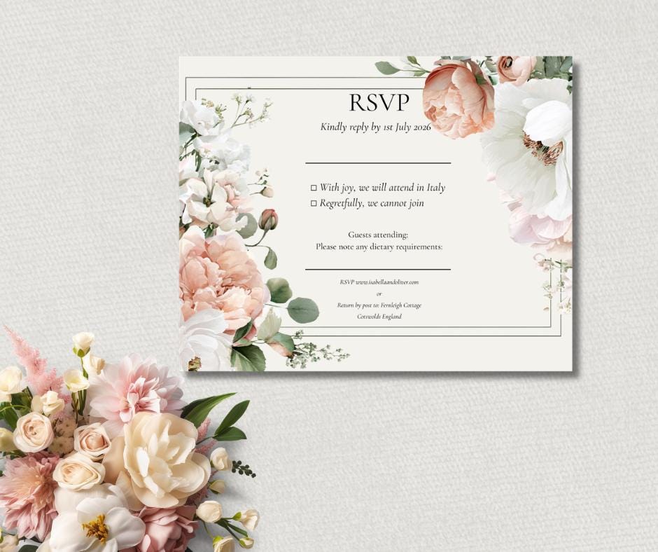Peaches And Cream Wedding Invitation. Watercolour Floral Design, Instant Download Editable Template.