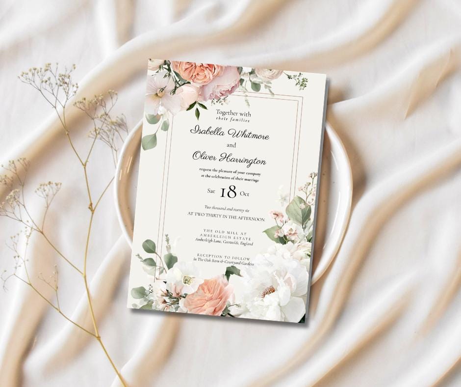Peaches And Cream Wedding Invitation. Watercolour Floral Design, Instant Download Editable Template.