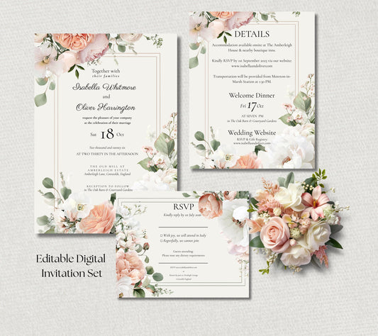 Peaches And Cream Wedding Invitation. Watercolour Floral Design, Instant Download Editable Template.