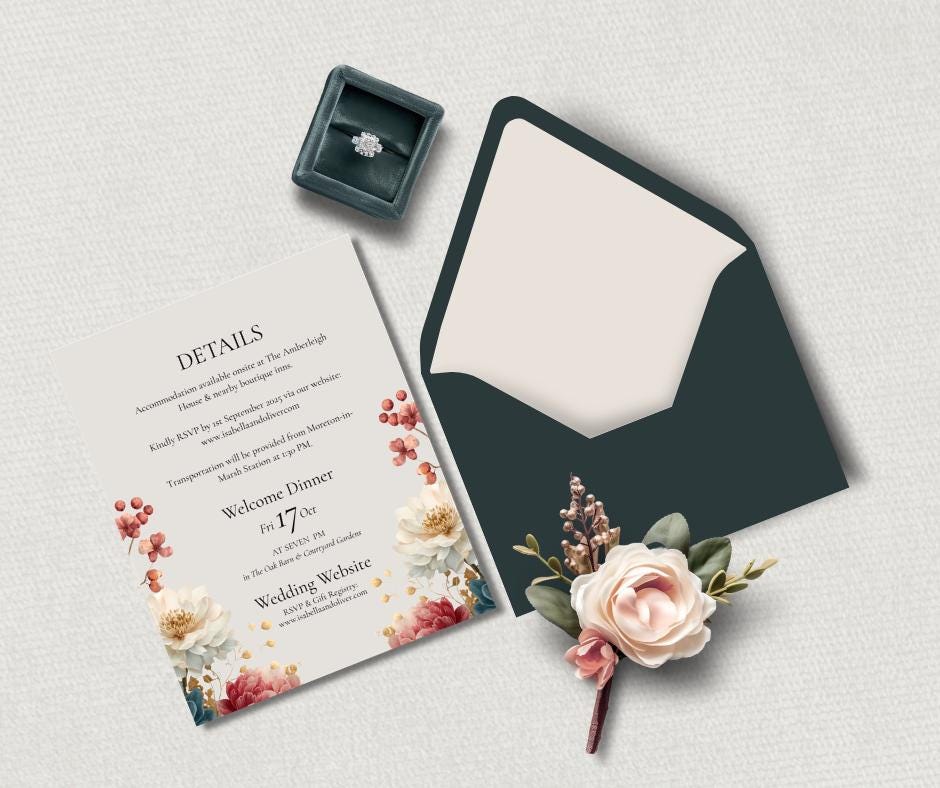 Autumn Wedding Invitation Set, Printable Floral Invite, Rustic Fall Design, Editable Canva Template Download