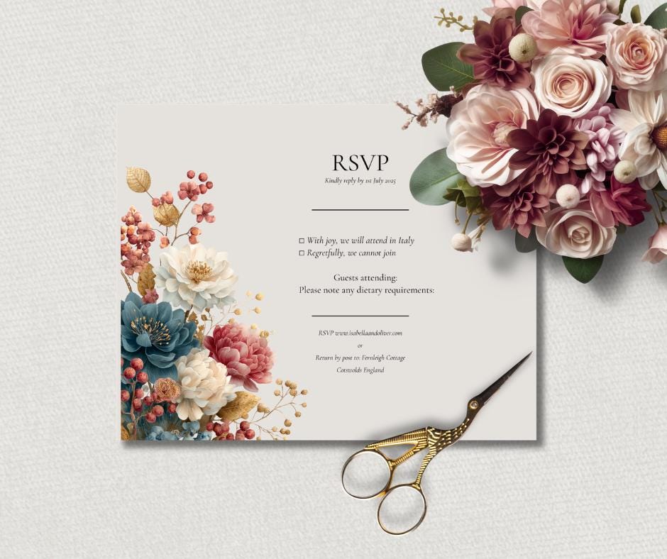 Autumn Wedding Invitation Set, Printable Floral Invite, Rustic Fall Design, Editable Canva Template Download