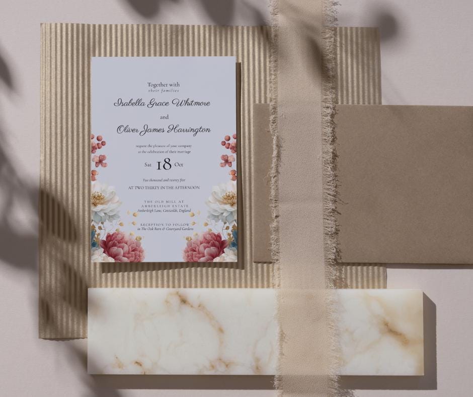 Autumn Wedding Invitation Set, Printable Floral Invite, Rustic Fall Design, Editable Canva Template Download
