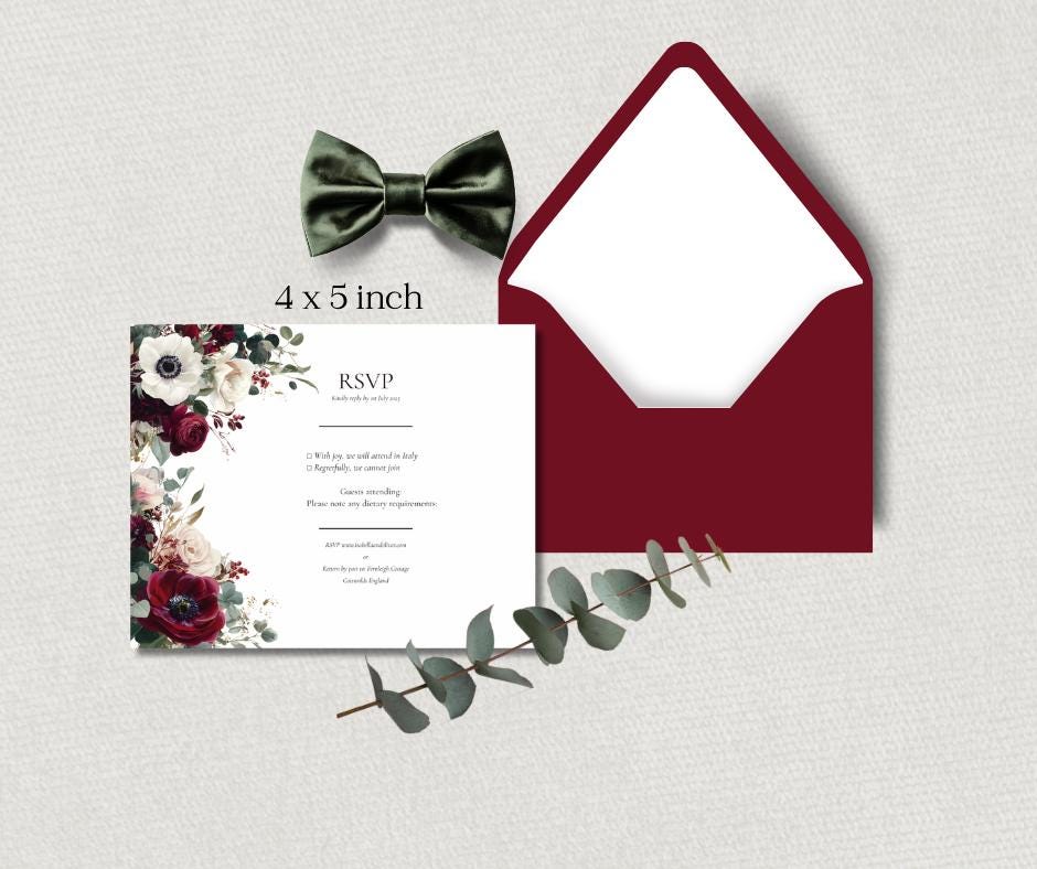 Burgundy Wedding Invitation Set. Luxurious Olive Green, Cream and Red Canva Digital Download Template.