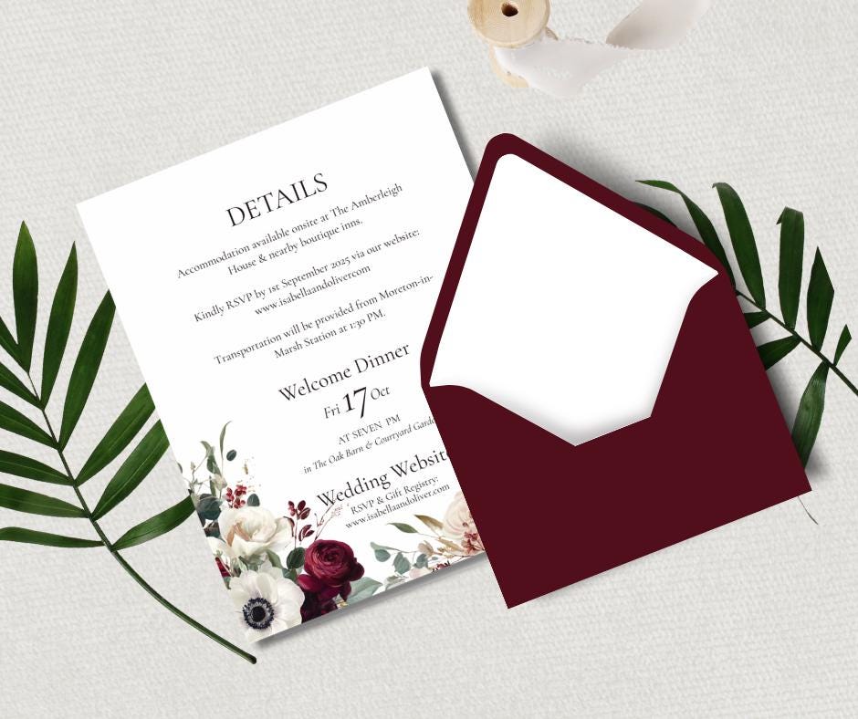 Burgundy Wedding Invitation Set. Luxurious Olive Green, Cream and Red Canva Digital Download Template.