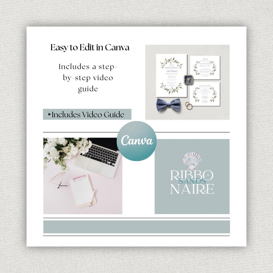 Green And Blue Leaf design Wedding Invitation Set Elegant Minimalist Style. Editable Canva Template.