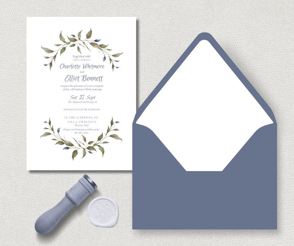 Green And Blue Leaf design Wedding Invitation Set Elegant Minimalist Style. Editable Canva Template.