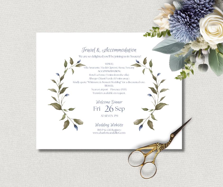 Green And Blue Leaf design Wedding Invitation Set Elegant Minimalist Style. Editable Canva Template.