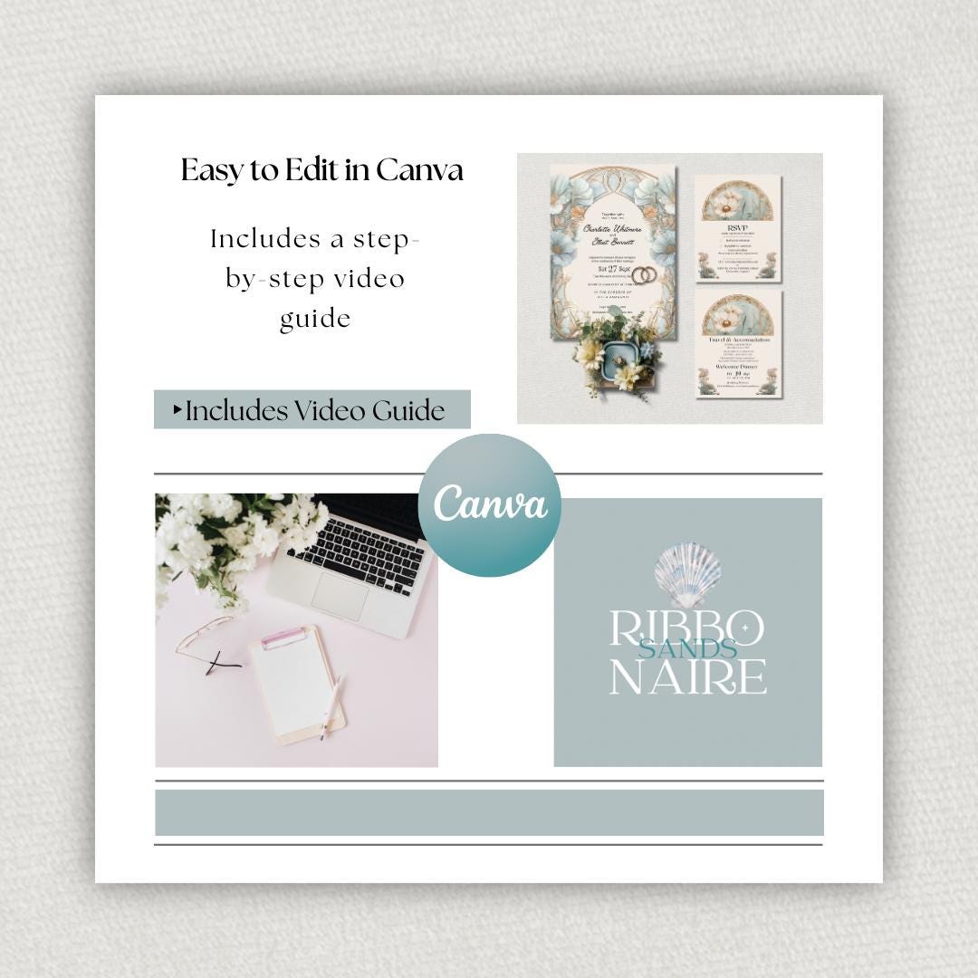 Art Nouveau Wedding Invitation Template, Botanical Arch Invite Set. Canva Download. Italian Destination Design.
