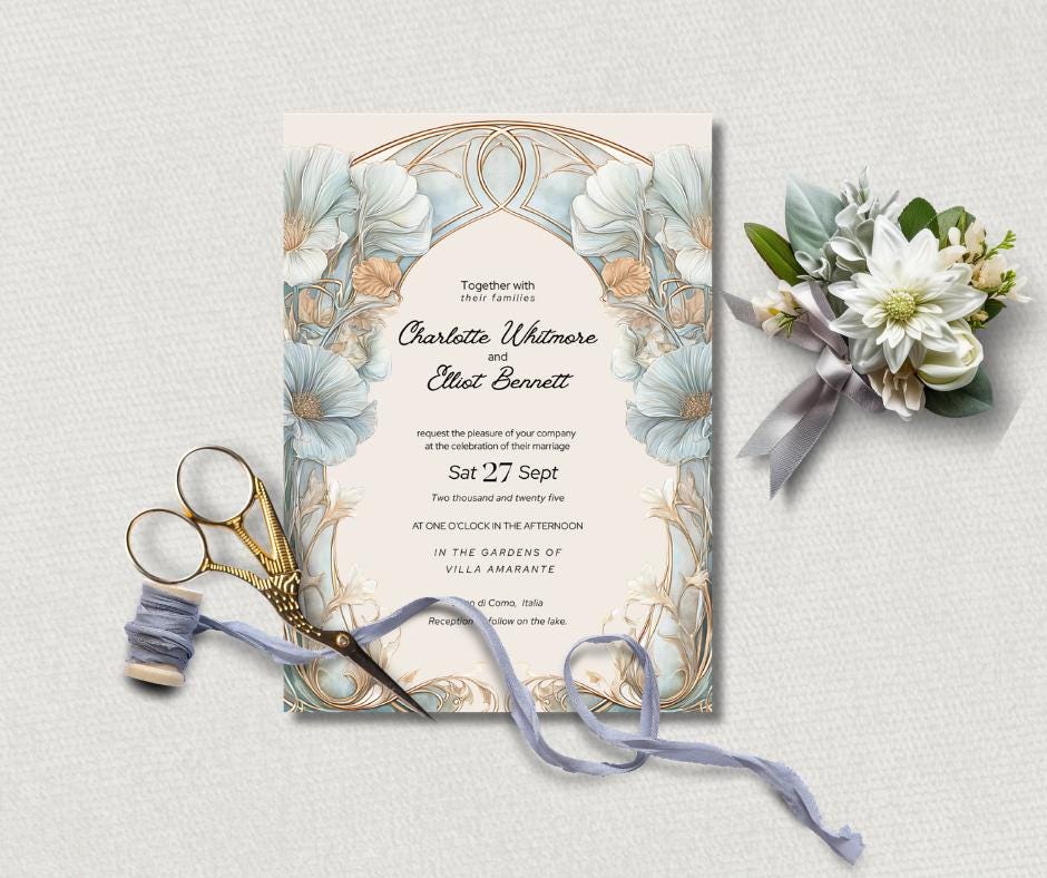 Art Nouveau Wedding Invitation Template, Botanical Arch Invite Set. Canva Download. Italian Destination Design.