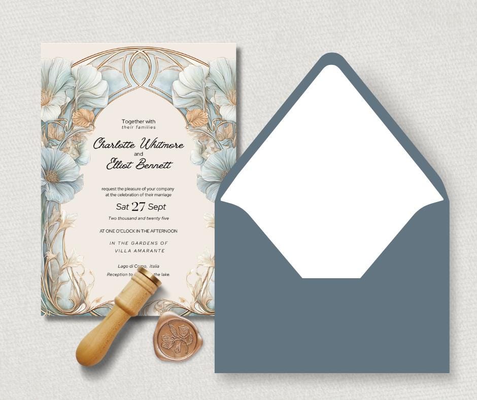 Art Nouveau Wedding Invitation Template, Botanical Arch Invite Set. Canva Download. Italian Destination Design.