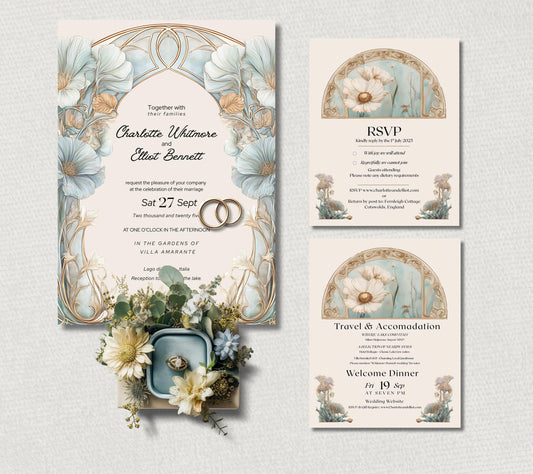 Art Nouveau Wedding Invitation Template, Botanical Arch Invite Set. Canva Download. Italian Destination Design.