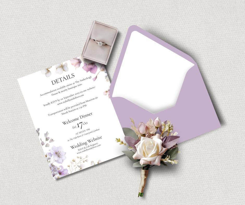 Floral Wedding Invitation Set, Purple and Sage Botanical 3 Piece Invite, Editable Canva Template.
