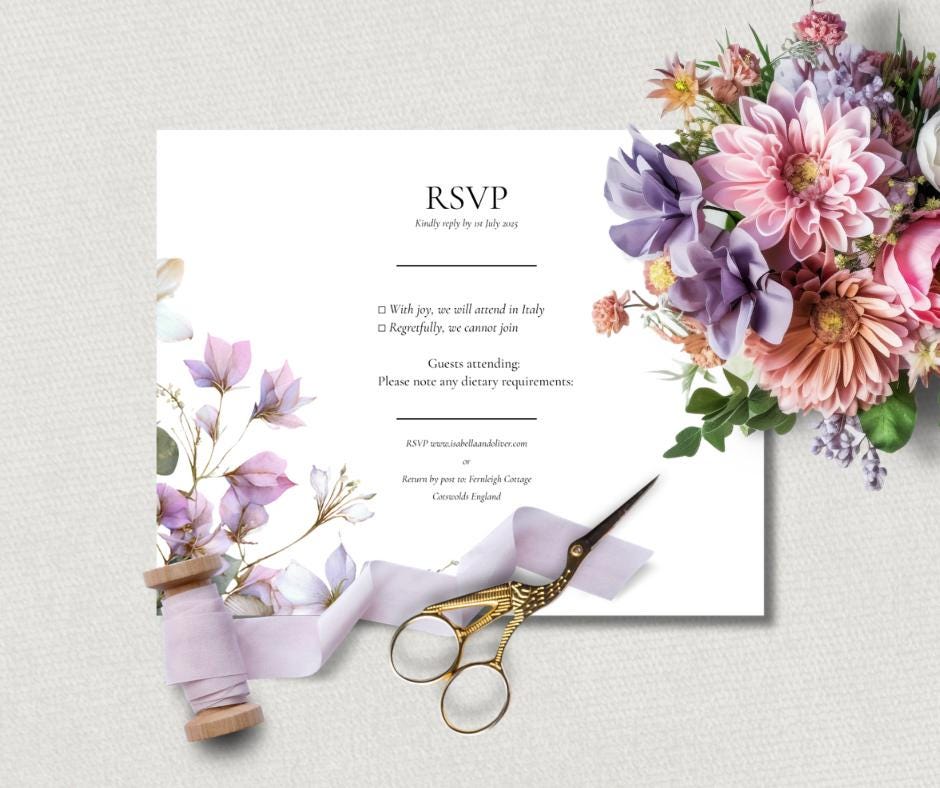 Floral Wedding Invitation Set, Purple and Sage Botanical 3 Piece Invite, Editable Canva Template.