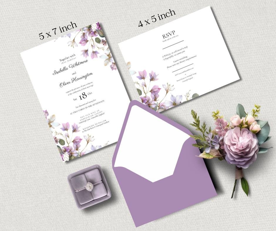 Floral Wedding Invitation Set, Purple and Sage Botanical 3 Piece Invite, Editable Canva Template.