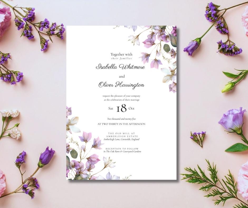 Floral Wedding Invitation Set, Purple and Sage Botanical 3 Piece Invite, Editable Canva Template.