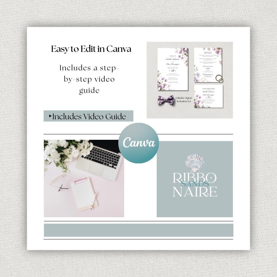 Floral Wedding Invitation Set, Purple and Sage Botanical 3 Piece Invite, Editable Canva Template.