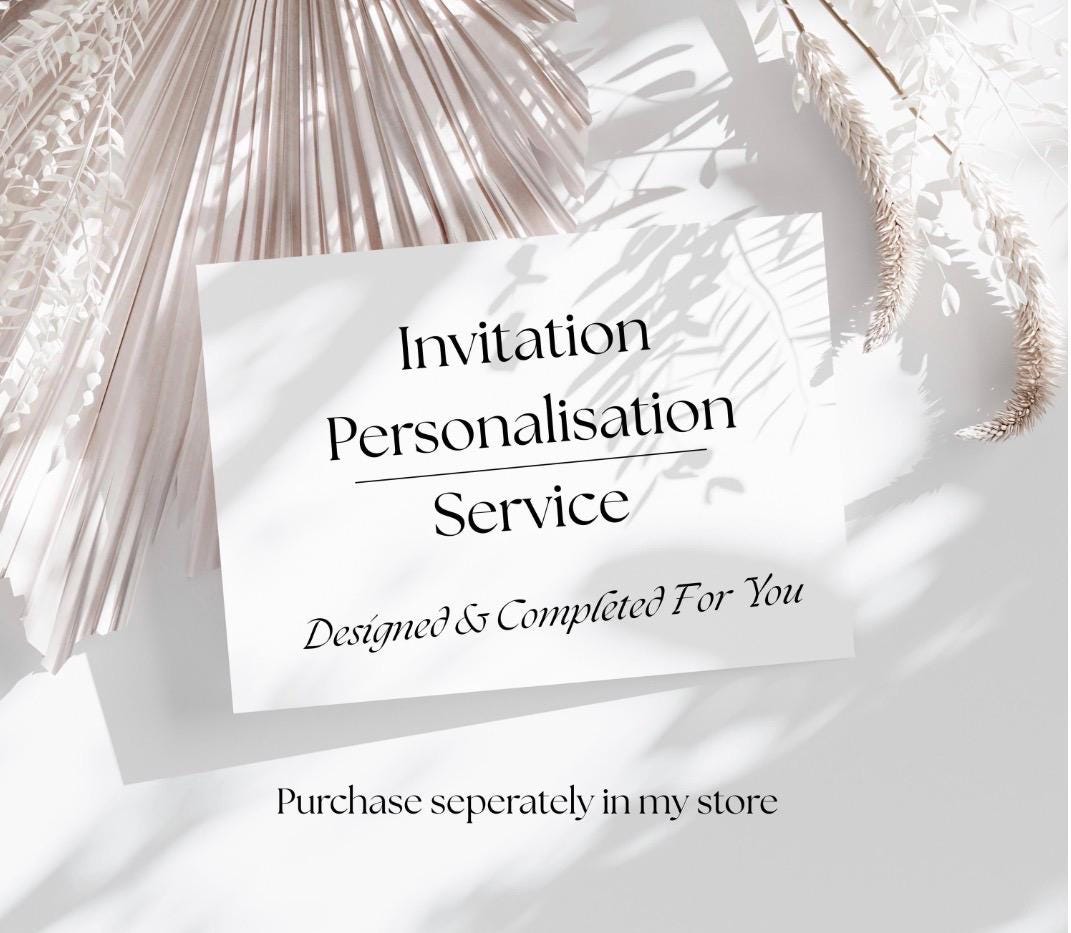 A white card with the text "Invitation Personalisation Service" in a serif font. The text "Designed & Completed For You" is available separately.