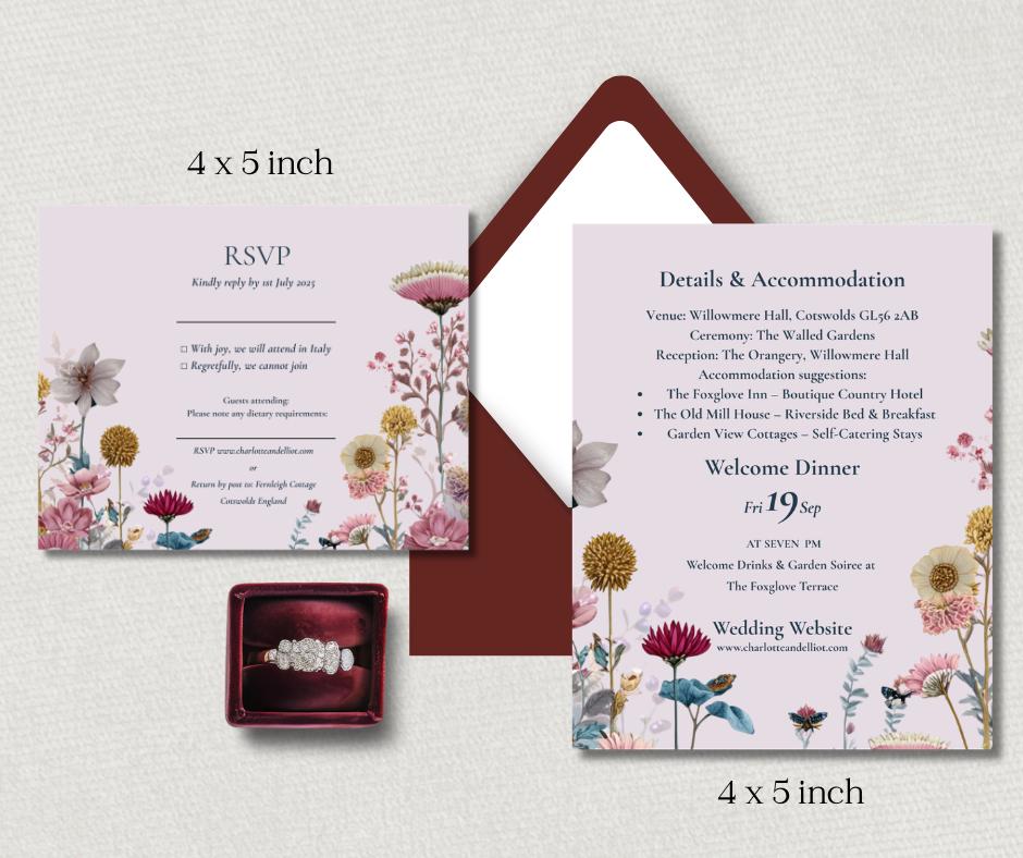 Pink Garden Wildflower Wedding Set, Editable Floral Invitation Template, Digital Download for Botanical Weddings.