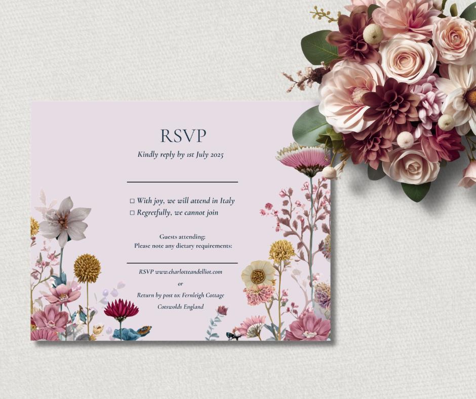 Pink Garden Wildflower Wedding Set, Editable Floral Invitation Template, Digital Download for Botanical Weddings.