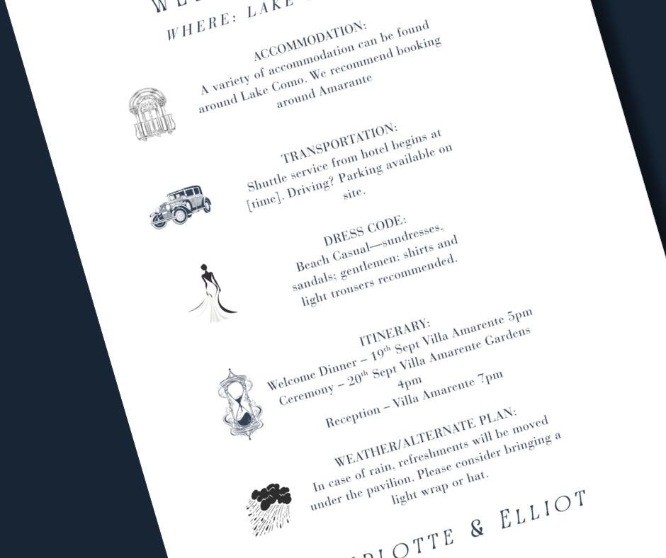Navy And White Minimalist Wedding Invite Set. Personalised Elegant Wedding Details Card.