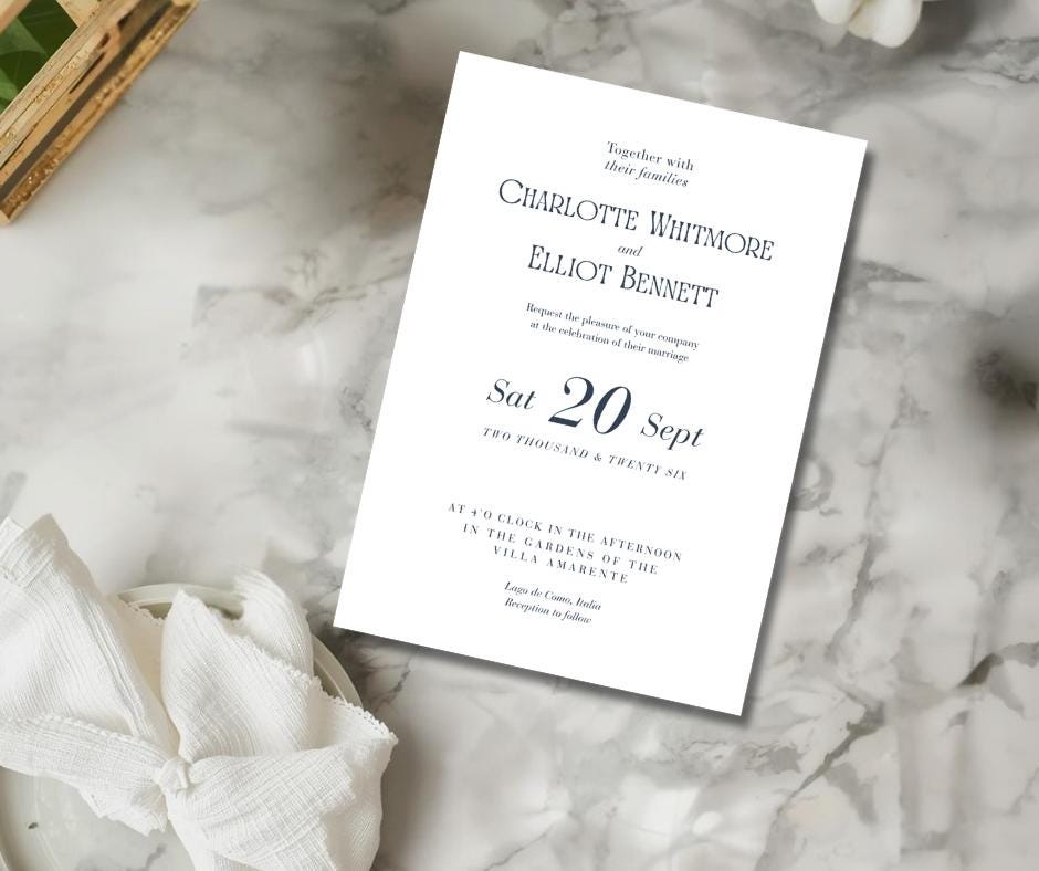 Navy And White Minimalist Wedding Invite Set. Personalised Elegant Wedding Details Card.
