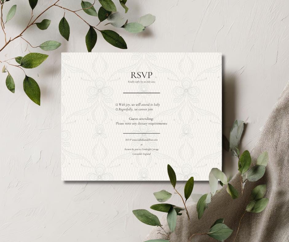Lace Wedding Invitation Set, Elegant Cream Custom Digital Designs. Romantic Printable Wedding Stationery.