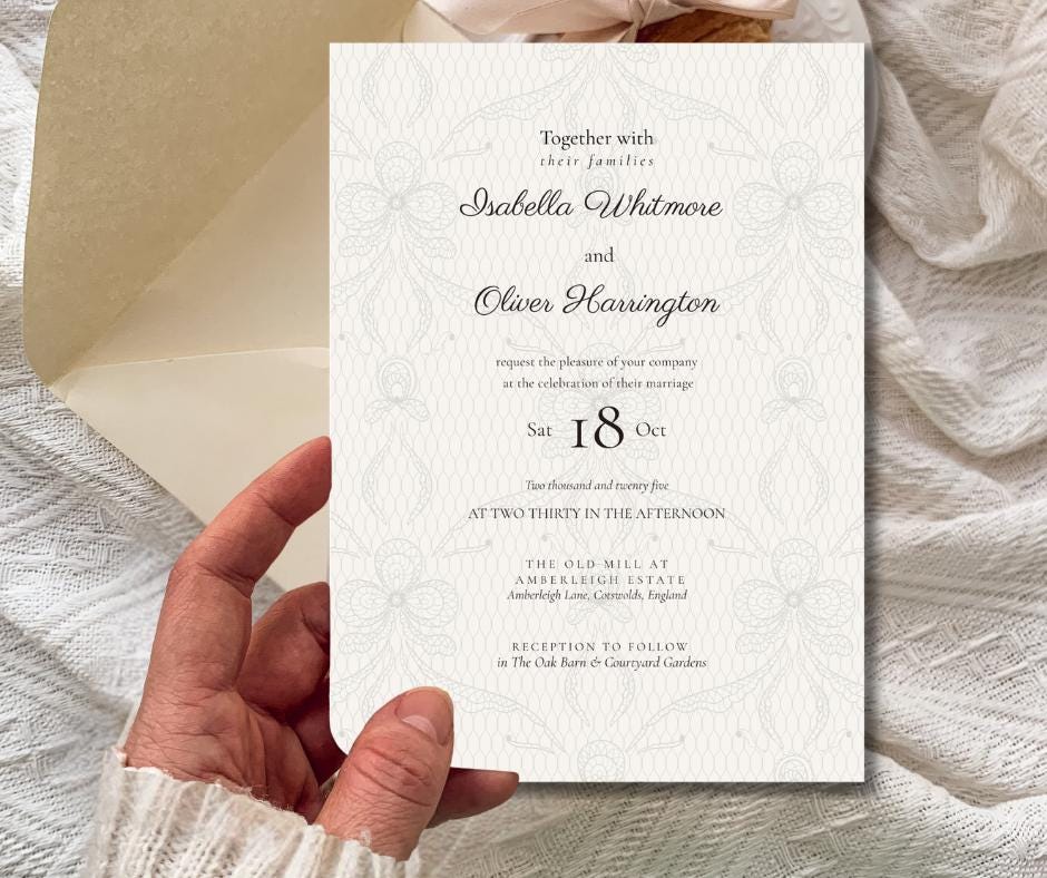 Lace Wedding Invitation Set, Elegant Cream Custom Digital Designs. Romantic Printable Wedding Stationery.