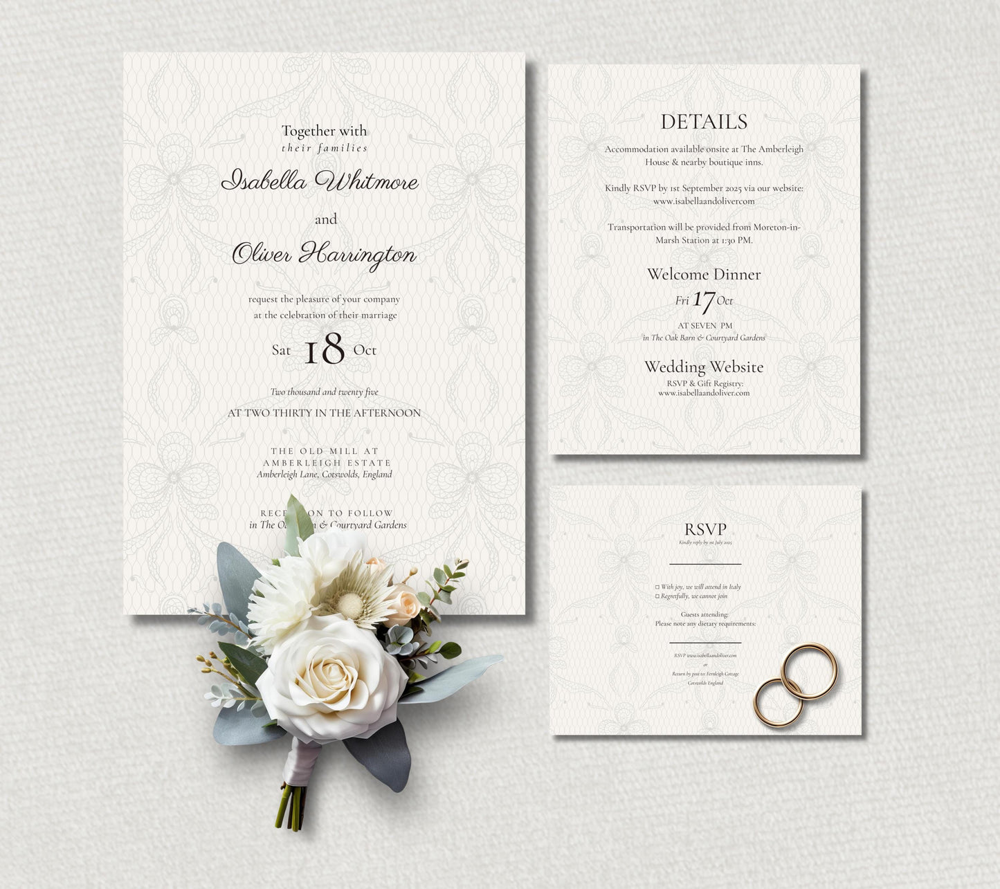 Lace Wedding Invitation Set, Elegant Cream Custom Digital Designs. Romantic Printable Wedding Stationery.