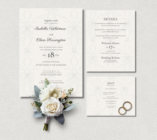 Lace Wedding Invitation Set, Elegant Cream Custom Digital Designs. Romantic Printable Wedding Stationery.