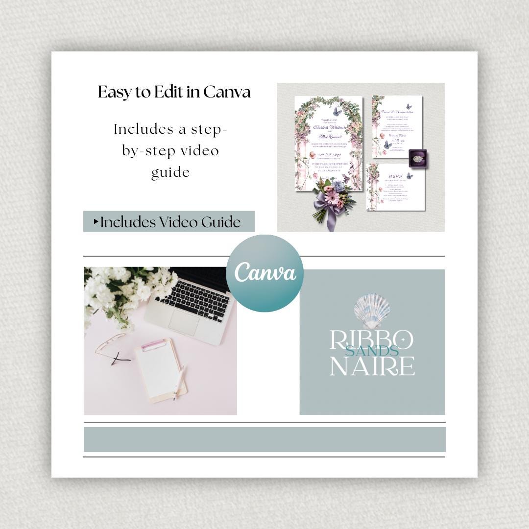 Summer Garden Botanical Wedding Stationary.  Pink Floral Arch Invitation Set. Canva Digital Download.