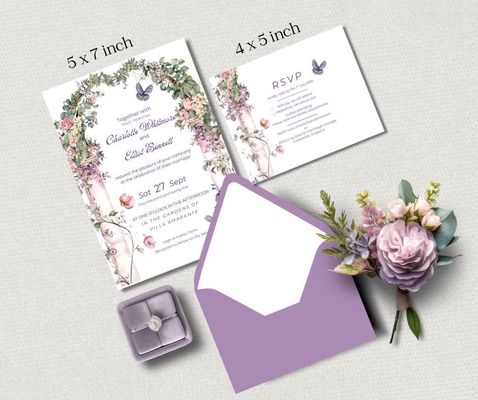 Summer Garden Botanical Wedding Stationary.  Pink Floral Arch Invitation Set. Canva Digital Download.