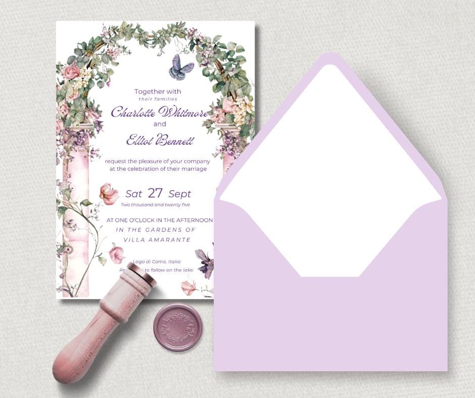 Summer Garden Botanical Wedding Stationary.  Pink Floral Arch Invitation Set. Canva Digital Download.
